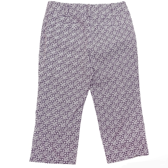 NWOT TALBOTS Petite Women's Cropped Pants Purple White Geometric Stretch - Sz 8P - Picture 2 of 8
